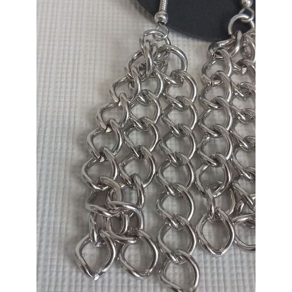 Silver Toned Metal Triple Strand Curb Link Chain Dangle Style Statement Earrings - Picture 3 of 8